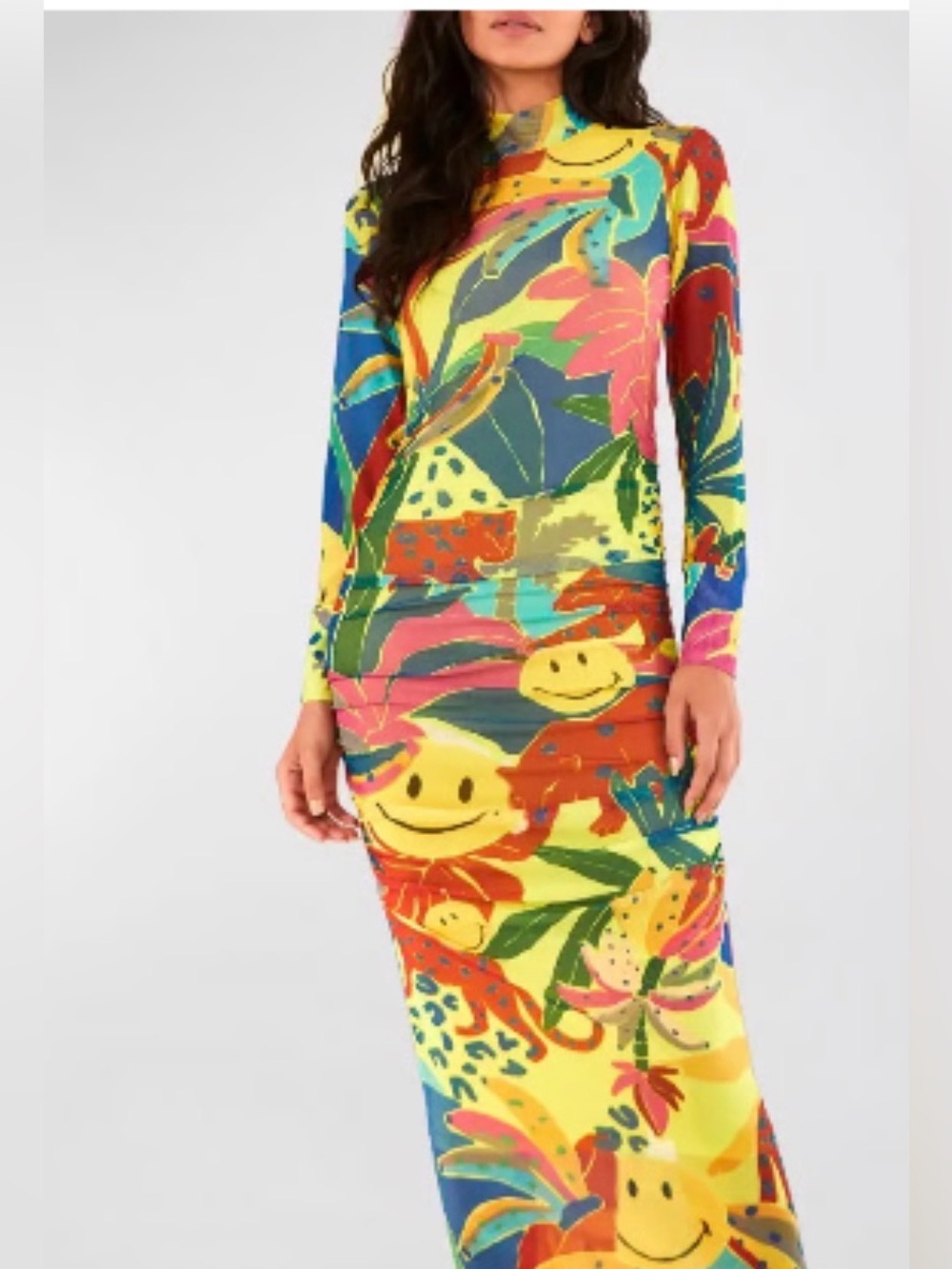 Leopard Jungle Smiley Ruched Long Sleeve Dress